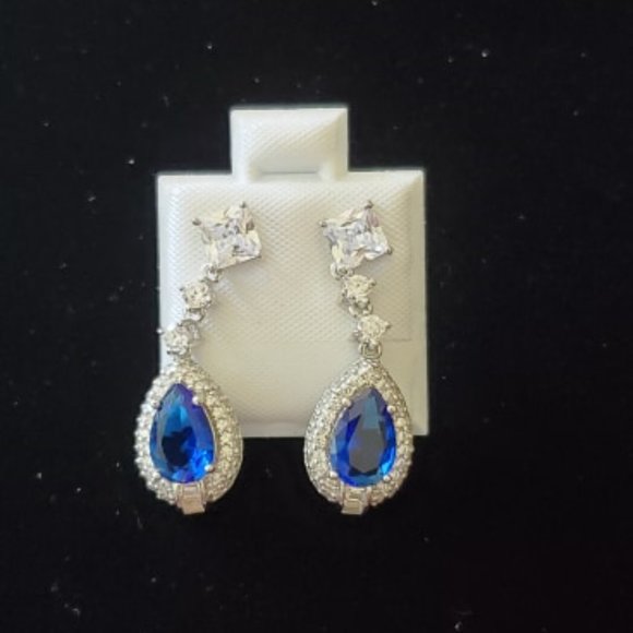 925 SILVER DANGLING BLUE CZ EARRINGS - Picture 2 of 3